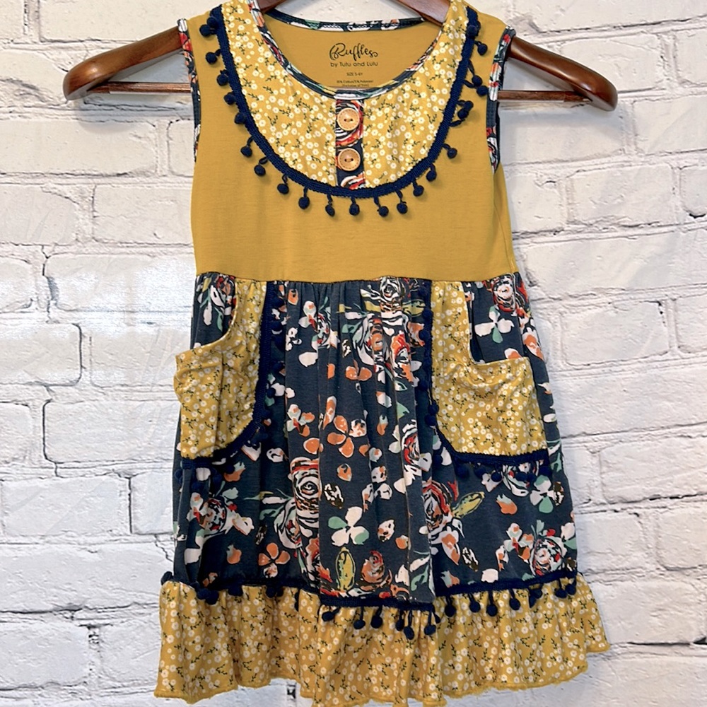 Ruffles By Tutu And Lulu Mustard Yellow Blue Dress Size 5-6 Years